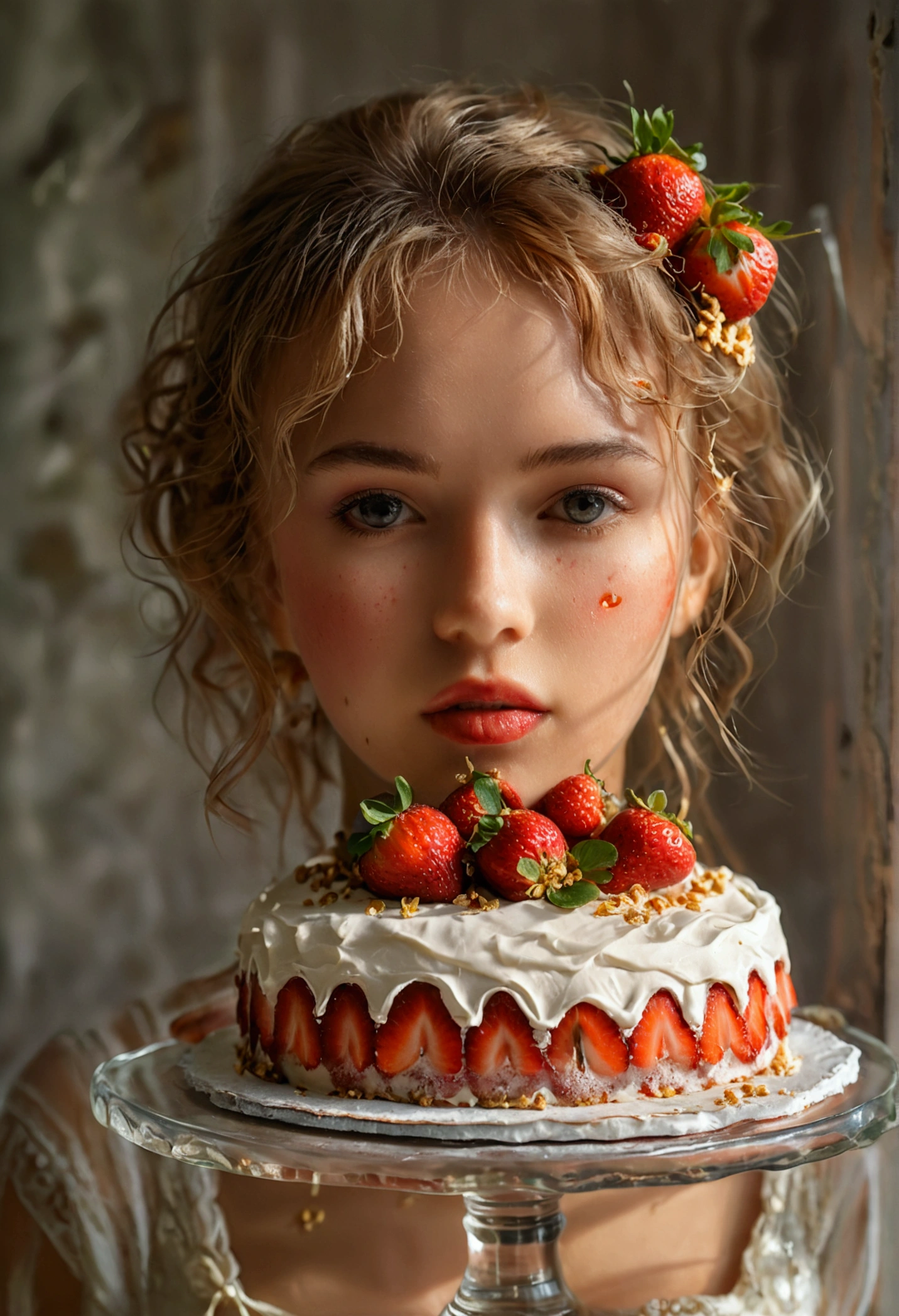 Strawberry cake with camu camu Top of a glass cake holder without chantilli Portrait photography,Realistic face,natural photography,ultra hd
