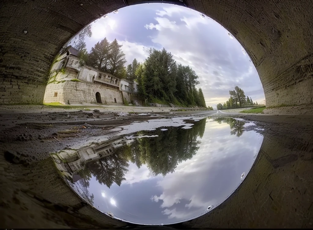 Arav view of a puddle of water in the tunnel, A world that can only be seen through a portal, incredible perspective, Through the portal, Fisheye!!!!! lens photography, Portal to another world, wide-angle lens vanishing point, Reflections in water, Reflections in water, Water reflection!!!!!, Fisheye effect, Wide-angle photography, Fisheye, Fisheye!!!!! lens!!!!!