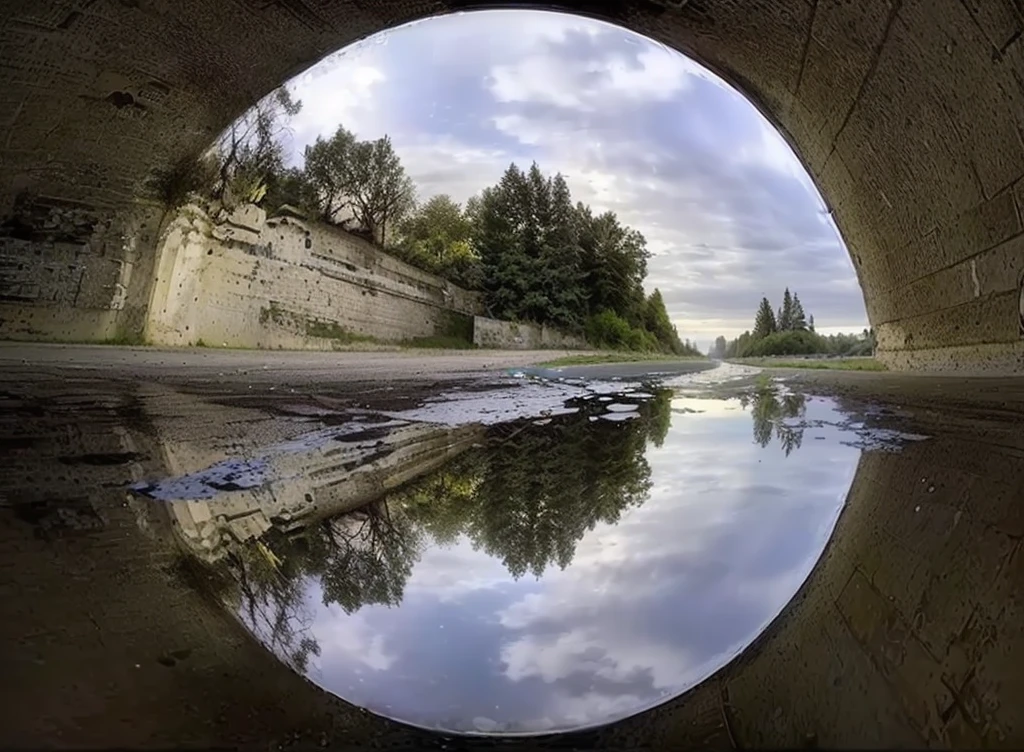 Arav view of a puddle of water in the tunnel, A world that can only be seen through a portal, incredible perspective, Through the portal, Fisheye!!!!! lens photography, Portal to another world, wide-angle lens vanishing point, Reflections in water, Reflections in water, Water reflection!!!!!, Fisheye effect, Wide-angle photography, Fisheye, Fisheye!!!!! lens!!!!!
