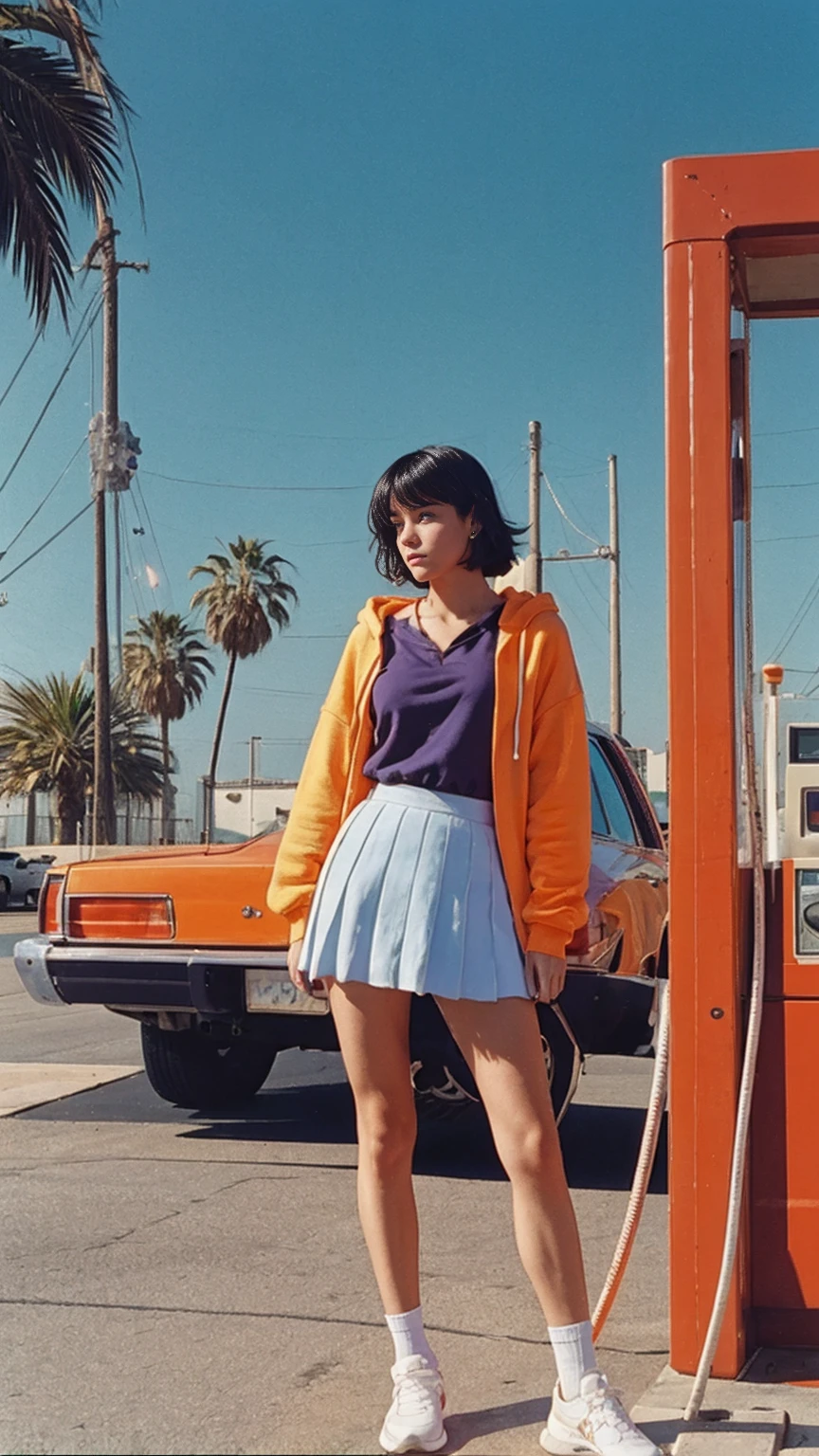 (medium long shot portrait) of cute 23 yo girl ,wear ((orange color oversized_hoodie)), wear ((purple tennis skirt)),looking front,Best Quality,Masterpiece,Ultra High Resolution,(Realisticity:1.4),Original Photo, 1Girl, light leak,ultra high resolution,UHD,beautiful, (black bob hair), almond eye, no makeup, in front of ((80's los angles gas station)), (realistic:1.2), (surreal:1.3), (very detailed:1.1), ((masterpiece)),summer, blue sky, palm trees,sunny, los angles vibes,film camera, 800mm lens,style of Philip Lorca diCorcia