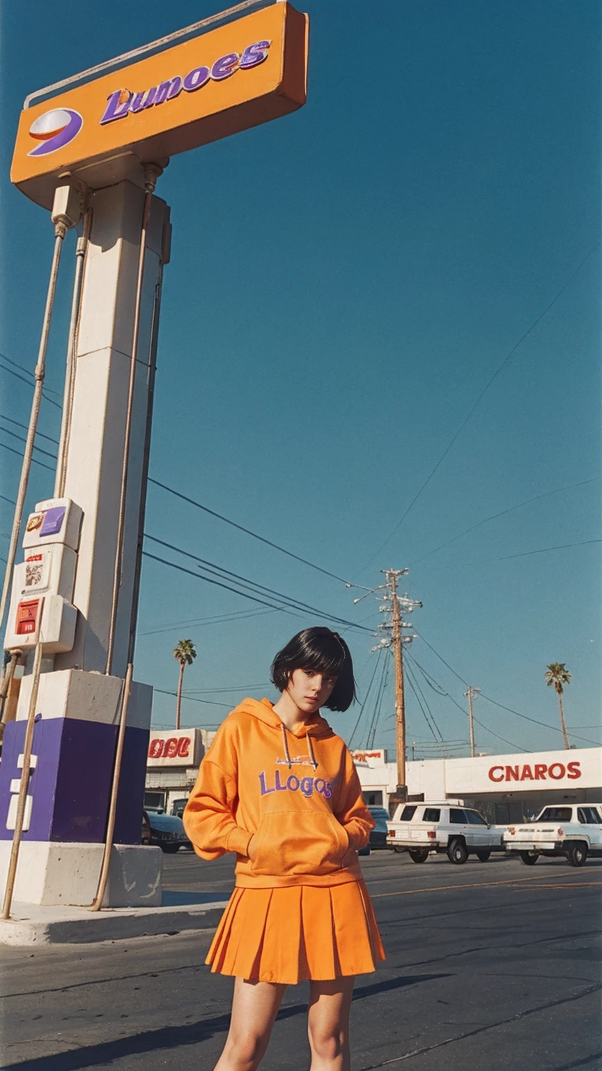 90s flash photo, light leak, analog photo, a girl wearing a white t-shirt standing in the vinyl store