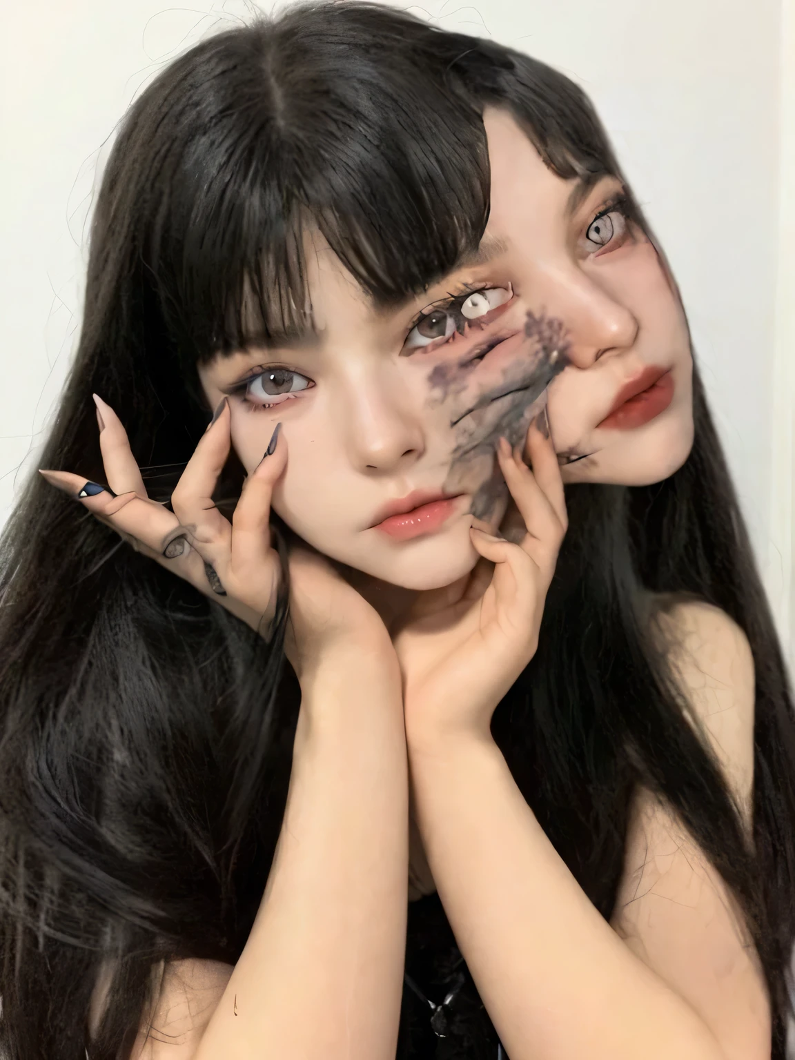 Beautiful woman with Tomie cosplay, two faces, demon&#39;s eyes, Scars, long black hair, face of Karina from Aespa, woman with a face coming out of her face, black lined eyes.