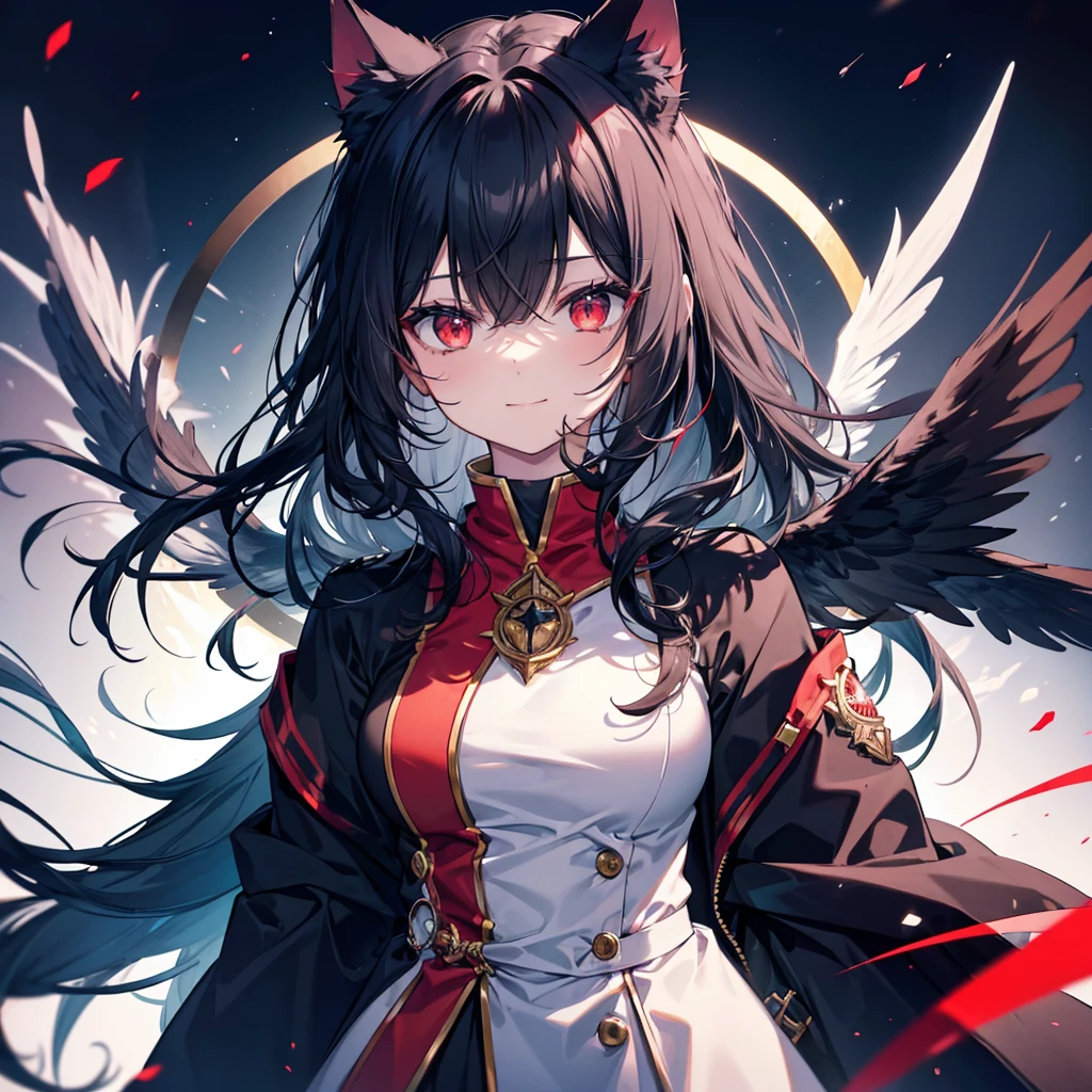 (((Fantasy Black Hair Dye the inside of your hair red Long Hair Dull red eyes Cat ear Beastman pad))) ((I have a crystal uniform Put on a coat without putting your arms through it Wings many times larger than mine Center close-up)) ((smile gloves)) (Light star) Catch the wind Shining Background Lightの粒子, rainbow colored edges