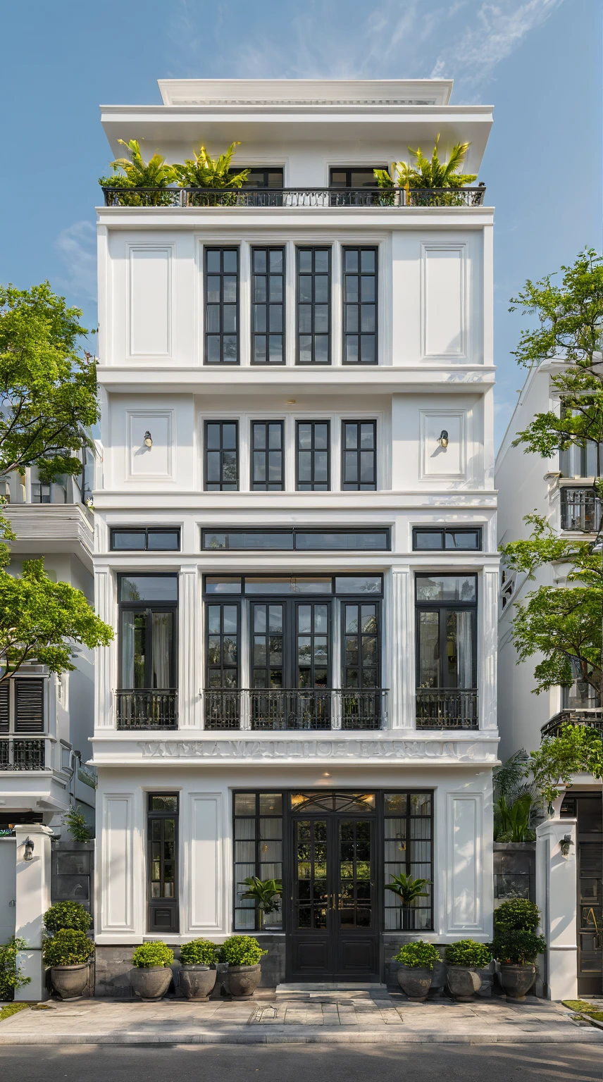 neo classical villa on street, (daylight), tropical tree, vivid colour, streetcapes, white tone, black detail, white wall, large glass door, warm interior lighting, best quality, masterpiece, ultra realistic