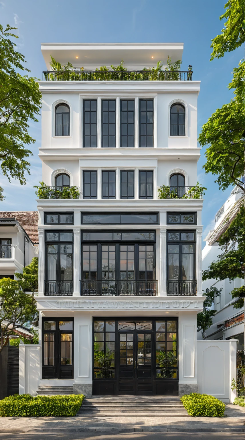 neo classical villa on street, (daylight), tropical tree, vivid colour, streetcapes, white tone, black detail, white wall, large glass door, warm interior lighting, best quality, masterpiece, ultra realistic