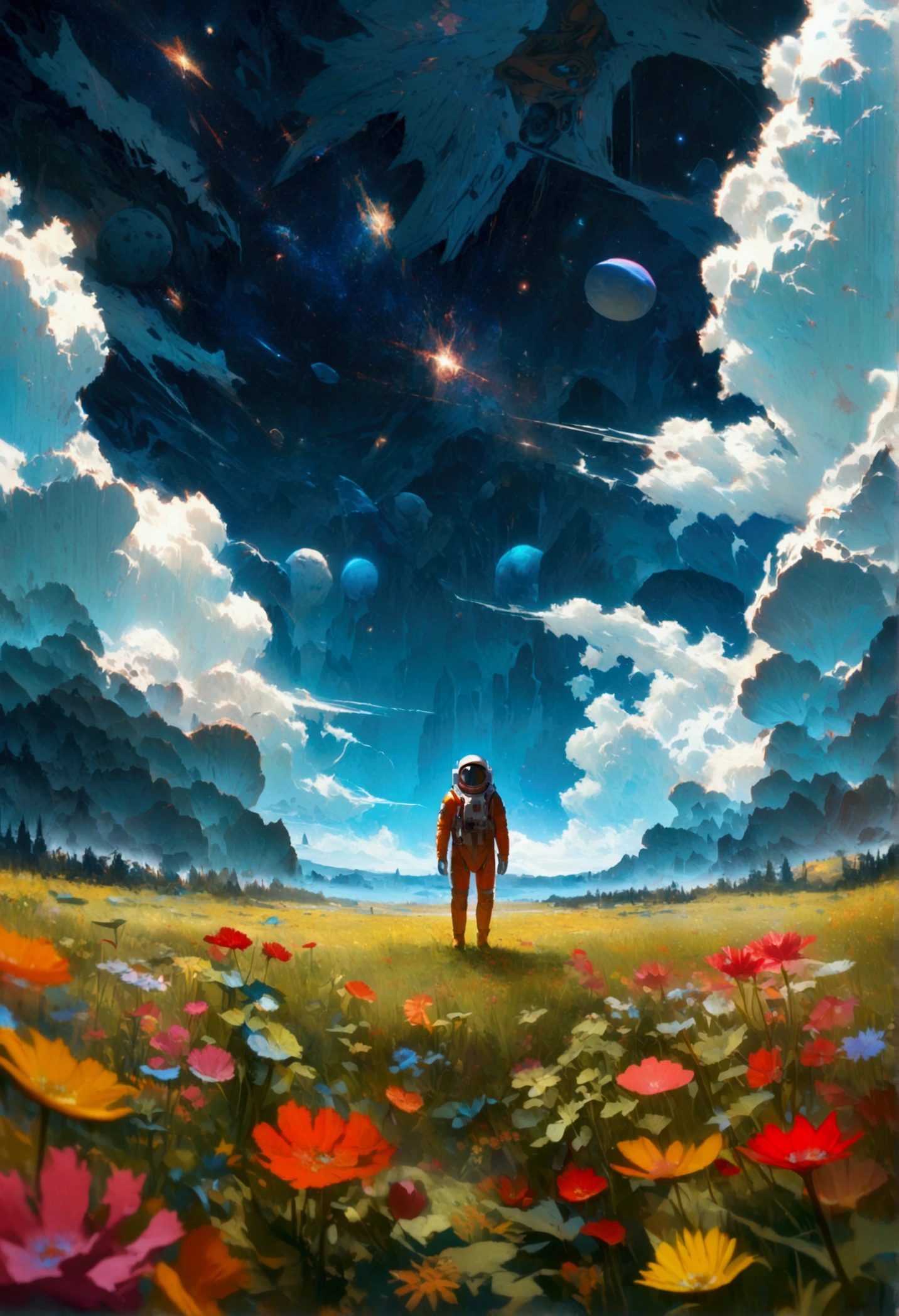 an astronaut standing in a lush field, nomanssky style wallpaper, 4K high resolution concept art beautiful masterpiece,abstract dream, space, intricate, large scale, alone, cinematic film still, Insane detail, sharp focus, depth of field , realistic lighting, (realistic perspective), complex, (multiple subjects), 4k HDR,