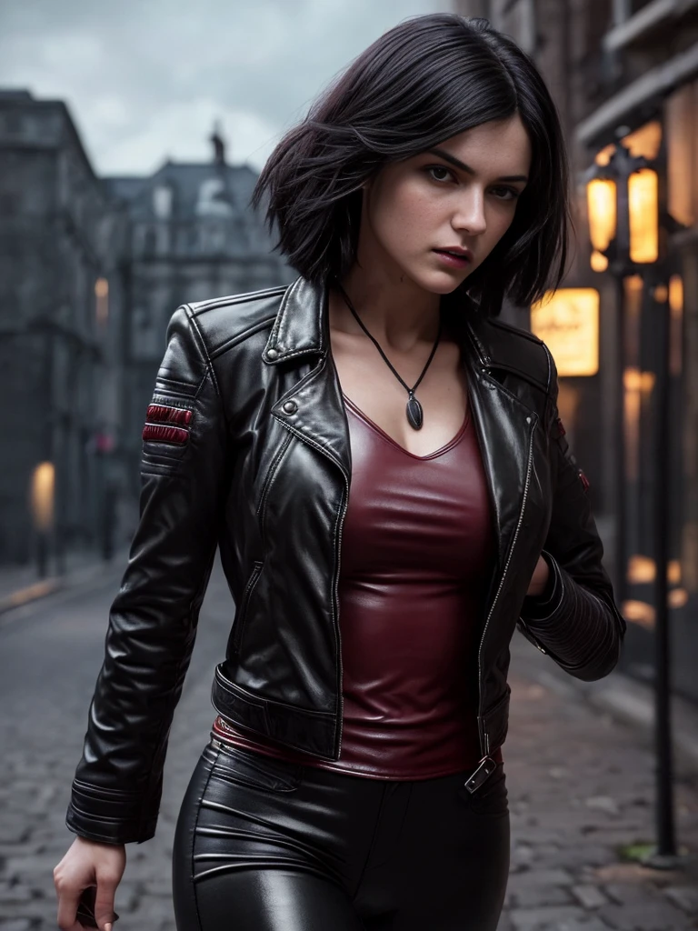 (A beautiful 25 years old British female vampire mercenary:1.4), (short wolfcut black hair:1.2), (pale skin), (detailed skin:1.2), (serious face), (wearing crimson leather jacket and black tight pants:1.4), (waist up shot:1.2), view from front, (dynamic action pose:1.2), (chiaroscuro lighting:0.8), (dark city at night:1.2), photo realism, intricate face detail, intricate hand details, highly detailed, vibrant colors, cinematic, 8k, trending on Artstation--style raw