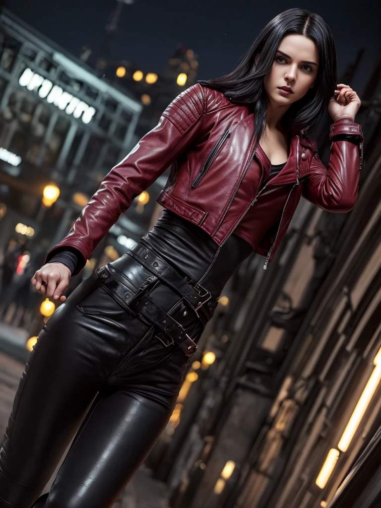(A beautiful 25 years old British female vampire mercenary:1.4), (short wolfcut black hair:1.2), (pale skin), (detailed skin:1.2), (serious face), (wearing crimson leather jacket and black tight pants:1.4), (waist up shot:1.2), view from front, (dynamic action pose:1.2), (chiaroscuro lighting:0.8), (dark city at night:1.2), photo realism, intricate face detail, intricate hand details, highly detailed, vibrant colors, cinematic, 8k, trending on Artstation--style raw