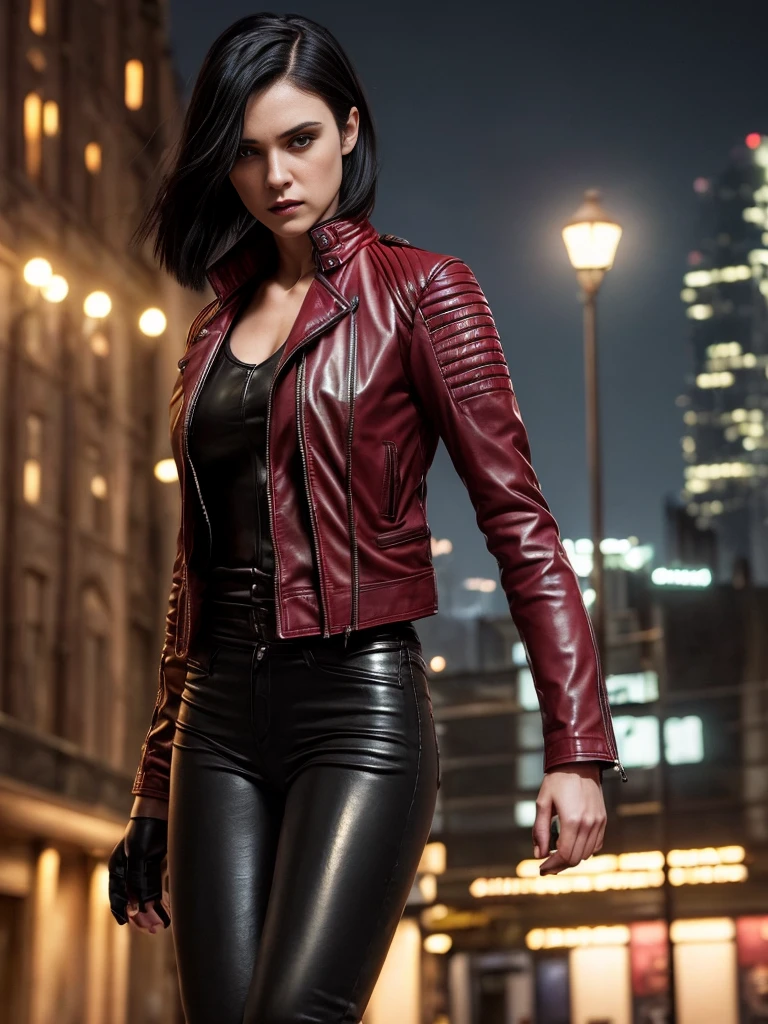 (A beautiful 25 years old British female vampire mercenary:1.4), (short wolfcut black hair:1.2), (pale skin), (detailed skin:1.2), (serious face), (wearing crimson leather jacket and black tight pants:1.4), (waist up shot:1.2), view from front, (dynamic action pose:1.2), (chiaroscuro lighting:0.8), (dark city at night:1.2), photo realism, intricate face detail, intricate hand details, highly detailed, vibrant colors, cinematic, 8k, trending on Artstation--style raw