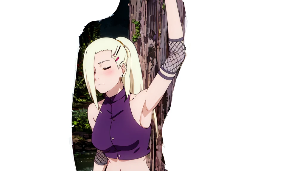1girl, solo, closed eyes, ponytail, hair over one eye, hairclip, earrings, long hair, blonde hair, sleeveless shirt, bare shoulders, ninja, upper body, midriff, navel, fishnets, arms up, armpits, showing armpits, masterpiece, by masashi kishimoto, purple crop top, slight blush