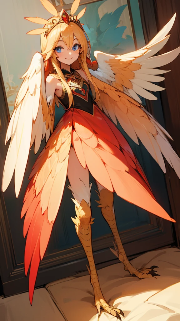 1 girl,alone,Harpyie, standing,blond hair,weave, blue eyes, Long hair,red feathers,Wing arms,bird legs, naked, Bedroom,tiara, sexly, smiling, Bett