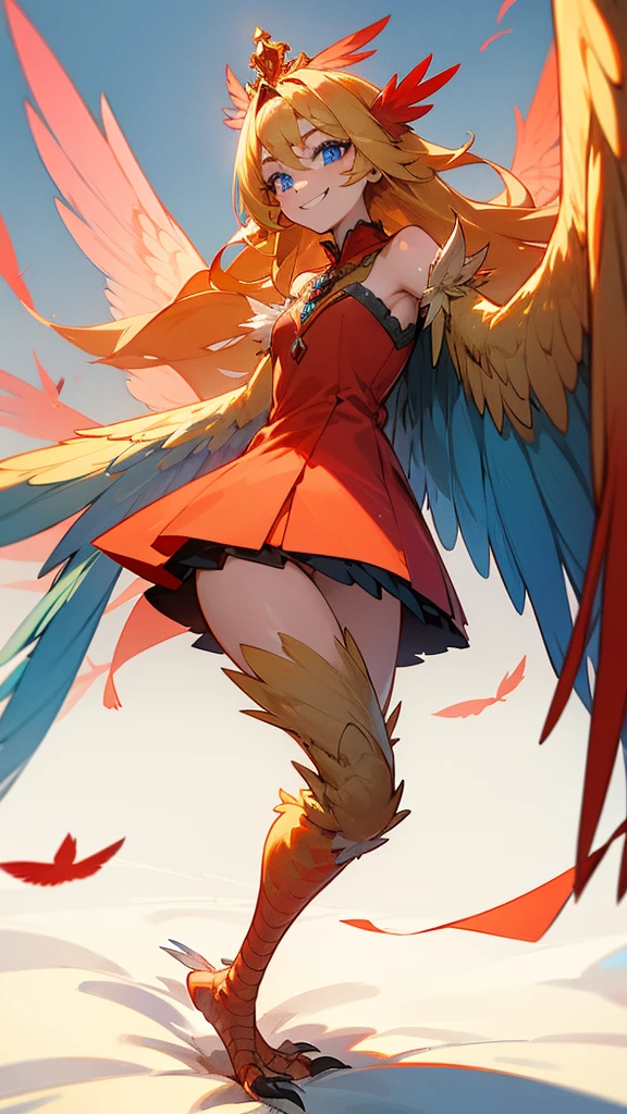 1 girl,alone,Harpyie, standing,blond hair,weave, blue eyes, Long hair,red feathers,Wing arms,bird legs, short dress, Bedroom,tiara, sexly, portrait, smiling, cheerful face