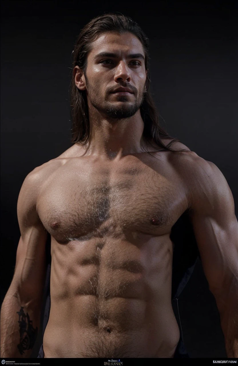 A man with long hair that covers his shoulders. He is topless, revealing a muscular complexion with defined pectoral muscles and a slight abdomen. His skin is a light bronze color, suggesting that he spends time outdoors. He has a strong jaw and facial features that could be considered attractive. His lips are thin and tight. His chest is bare with well-defined muscular pecs that speak of his active lifestyle. His chest is lightly covered with hair a little darker than his beard, forming a subtle "V" shape. The muscles have a firm, chiseled quality, particularly around her nipples, giving the impression that they could withstand significant tension. His ribcage is visible beneath his skin, creating a beautiful indentation around his waist. His skin has a warm, golden tone from spending time outdoors.