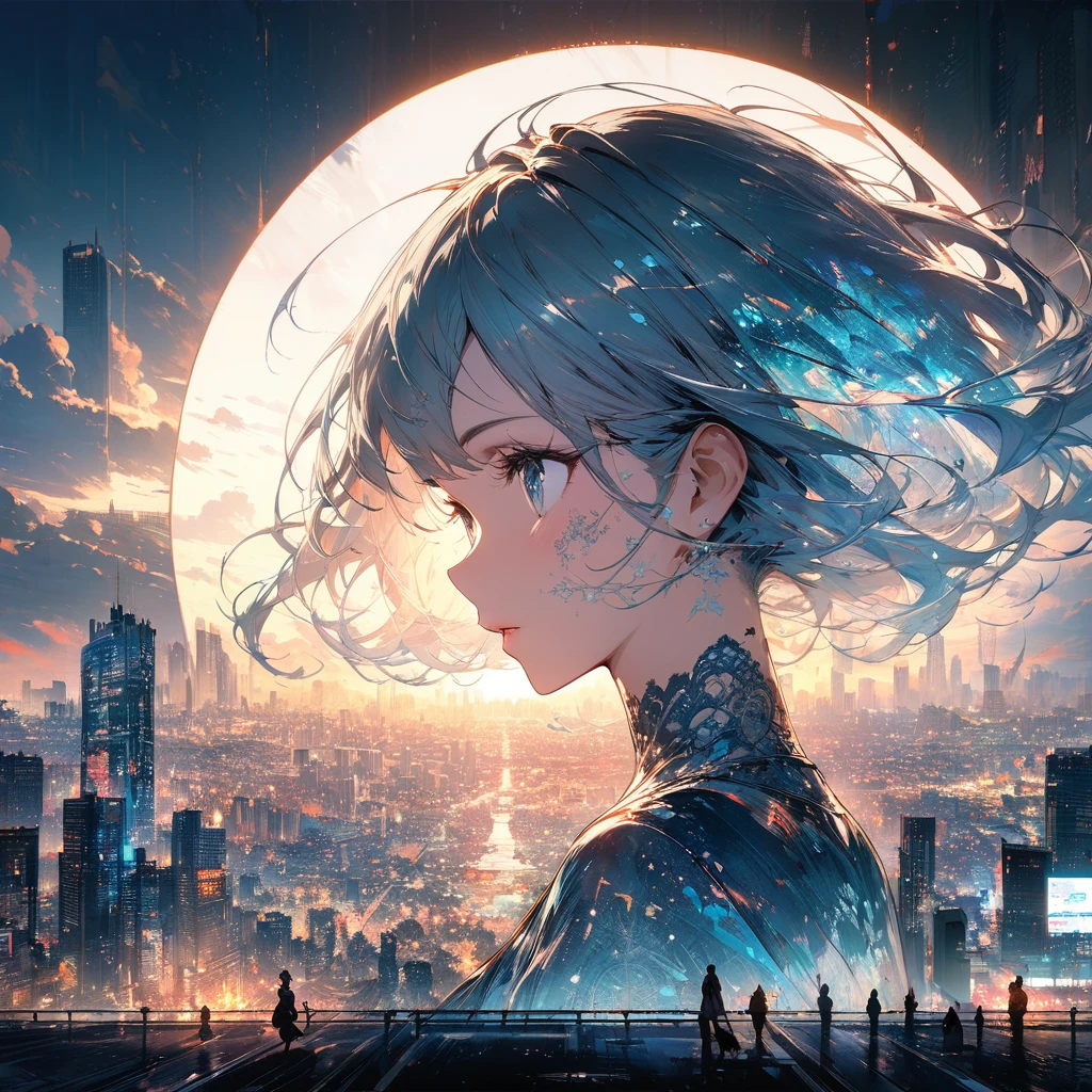 Double exposure of beautiful and delicate lady(Clear and perfect face)image,The background is a super detailed Tokyo city,very suitable, Beautifully, Complex illustrations, Artwork Concept Art Masterpiece, best quality, Very detailed, HD