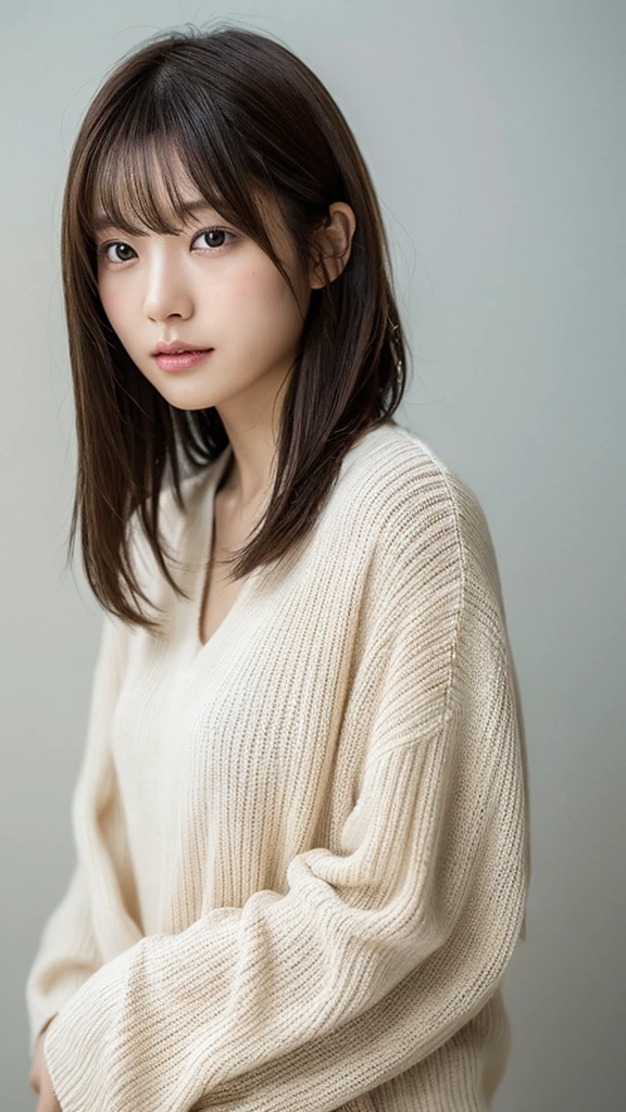 (top-quality、16K resolution)1 girl、solo、natural soft light、、A Japanese Lady、Looking at the camera、White long-sleeved knit、Concrete background、Facing the front、is standing、bobhair、30year old、Light bangs、short-hair、Salon model、Natural look、portlate、floated hair、Rolled hair