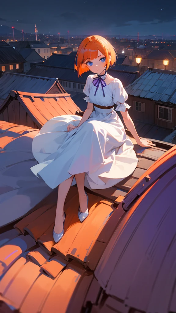 girl with orange angle bob hair and blue eyes, wearing a white dress with purple ribbon, sitting on top of a roof at night