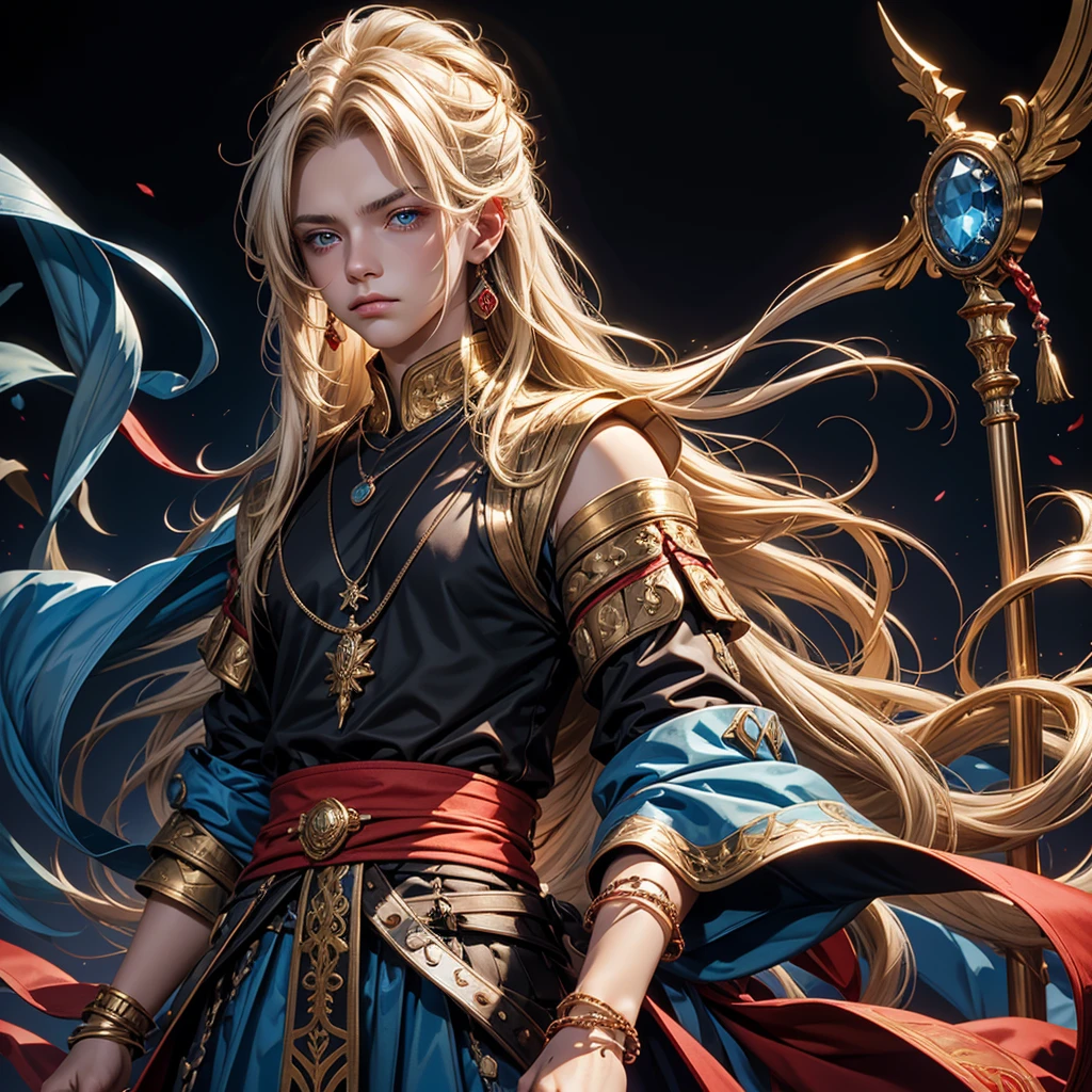 Create me a 17 year old male teenager, slightly long blonde hair with some white strands , golden eyes, a necklace with a blue stone and some details, a black medieval outfit and some bracelet of many colors , a red cloth wrapped around the waist and a serious face that gives off an aura of someone good.