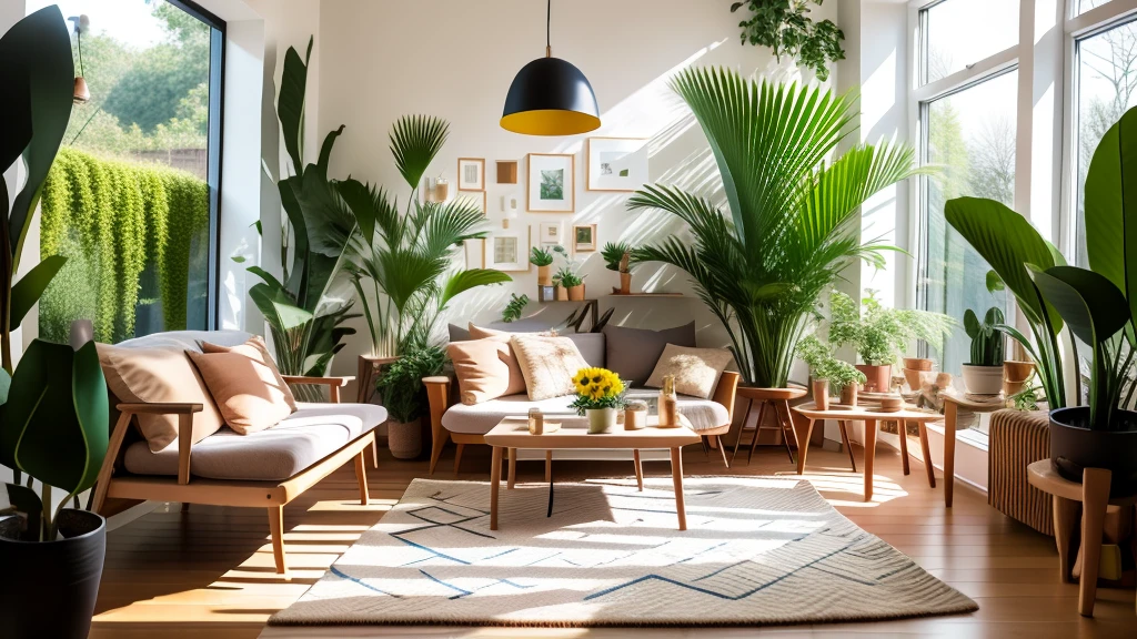 Sun,No humans,sofa,table,plant,scenery,pillow,Painting \(object\),cup,lamp,indoor,cushion,carpet,Wooden floor,Bottle,vase,rug,photograph \(object\),sunlight,photograph \(object\),Chair,