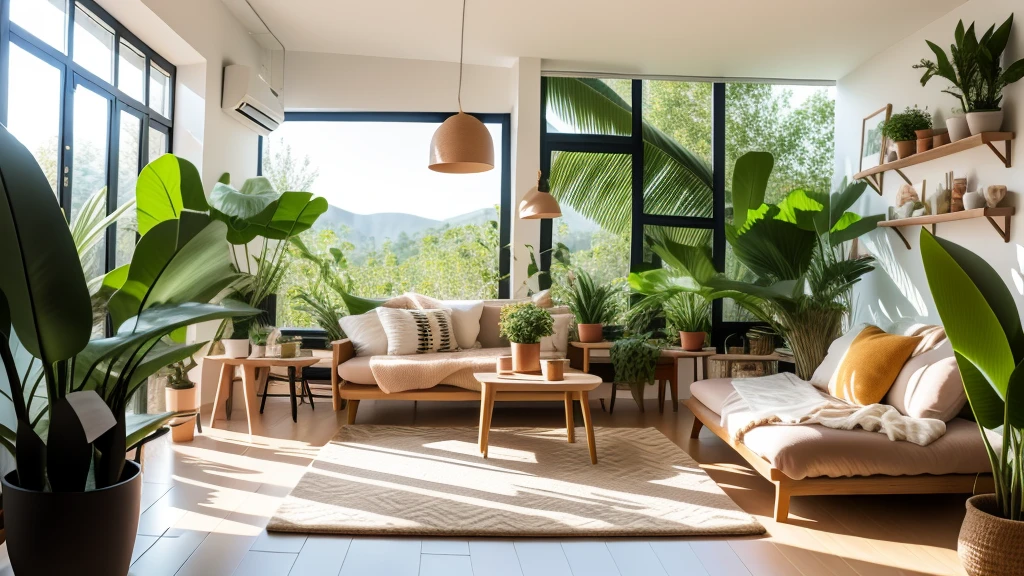 Sun,No humans,sofa,table,plant,scenery,pillow,Painting \(object\),cup,lamp,indoor,cushion,carpet,Wooden floor,Bottle,vase,rug,photograph \(object\),sunlight,photograph \(object\),Chair,