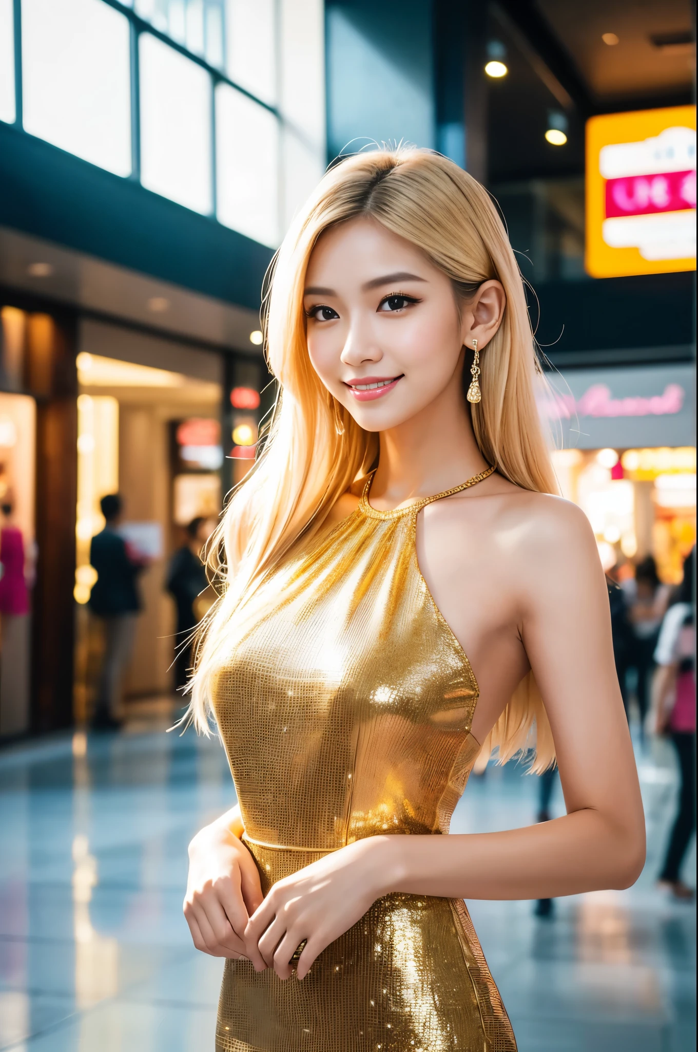 (best quality, 4k ,8k, highres, masterpiece:1.2), ultra-detailed, (realistic, photorealistic, photo-realistic:1.37), closeup, beautiful Thai woman, (slim girl), (happy smile), long lashes, beautiful makeup, platinum blonde hair, fair skin, slender figure, elegant posture, wearing large sparkling colorful jewelery, wearing a business style leather dress, standing in a large shopping mall, gentle sunlight shining through the shopping mall windows, casting a soft glow on her face, adding warmth to the scene, vibrant colors, capturing the essence of vibrant city life, portrait style, showcasing her natural beauty and grace in a feminine way
