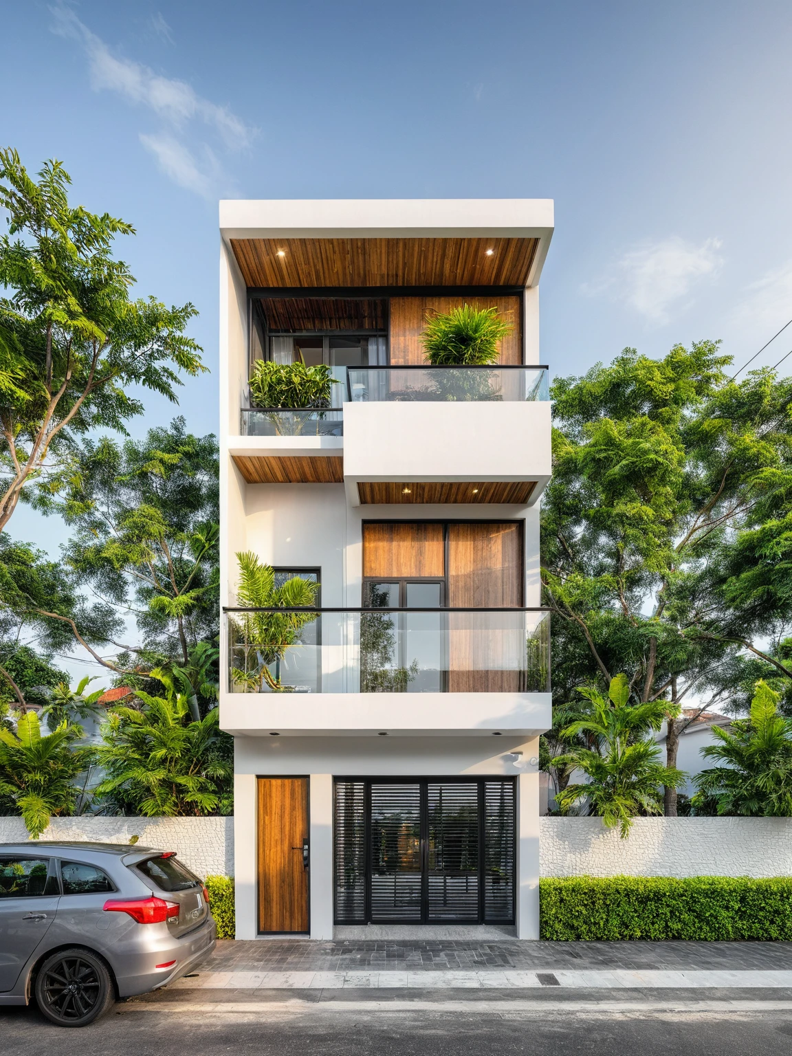modern townhouse on street, (sunset), tropical tree, vivid colour, streetcapes, white tone, white wall, steel gate, rough white wall, large glass door, (warm interior lighting:1.2), wood and marble, best quality