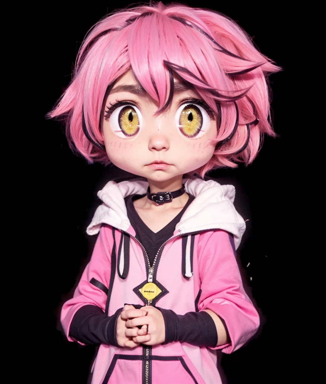 Pink hair, small eyes, yellow eyes, blushing, pink hoodie, cute Japanese boy, sharp jawline, thin body, pink eyebrows