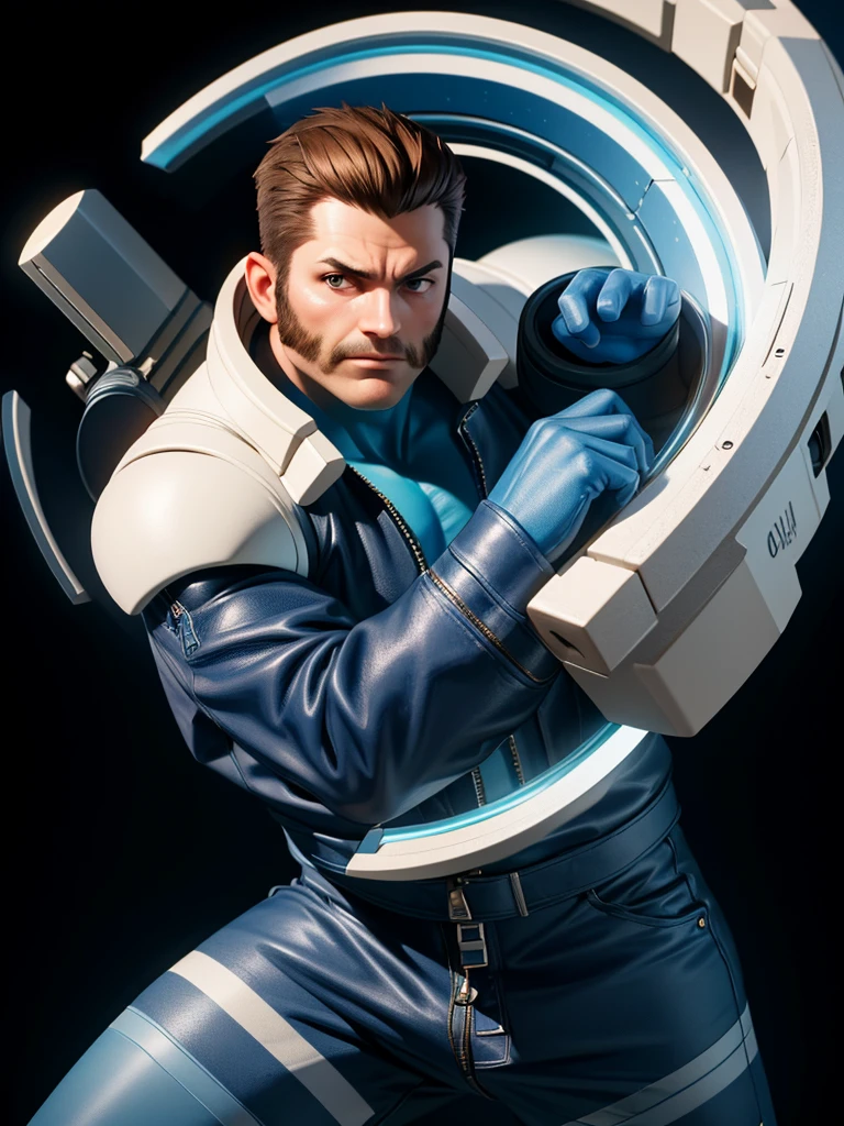 40-year-old man, alone, strong, muscular, short brown hair, blue clothes, wears blue gloves, one of his hands is a cannon, high resolution, perfect image, very detailed, high contrast, digital colors, simple, flat medium, cinematic, ultra sharp focus, award-winning photography, perfect contrast, high sharpness, depth of field, ultra detailed photography. global illumination, fluid, ultra high definition, 8k, Unreal Engine 5, ultra sharp focus, award-winning photography, Art Season Trends,
