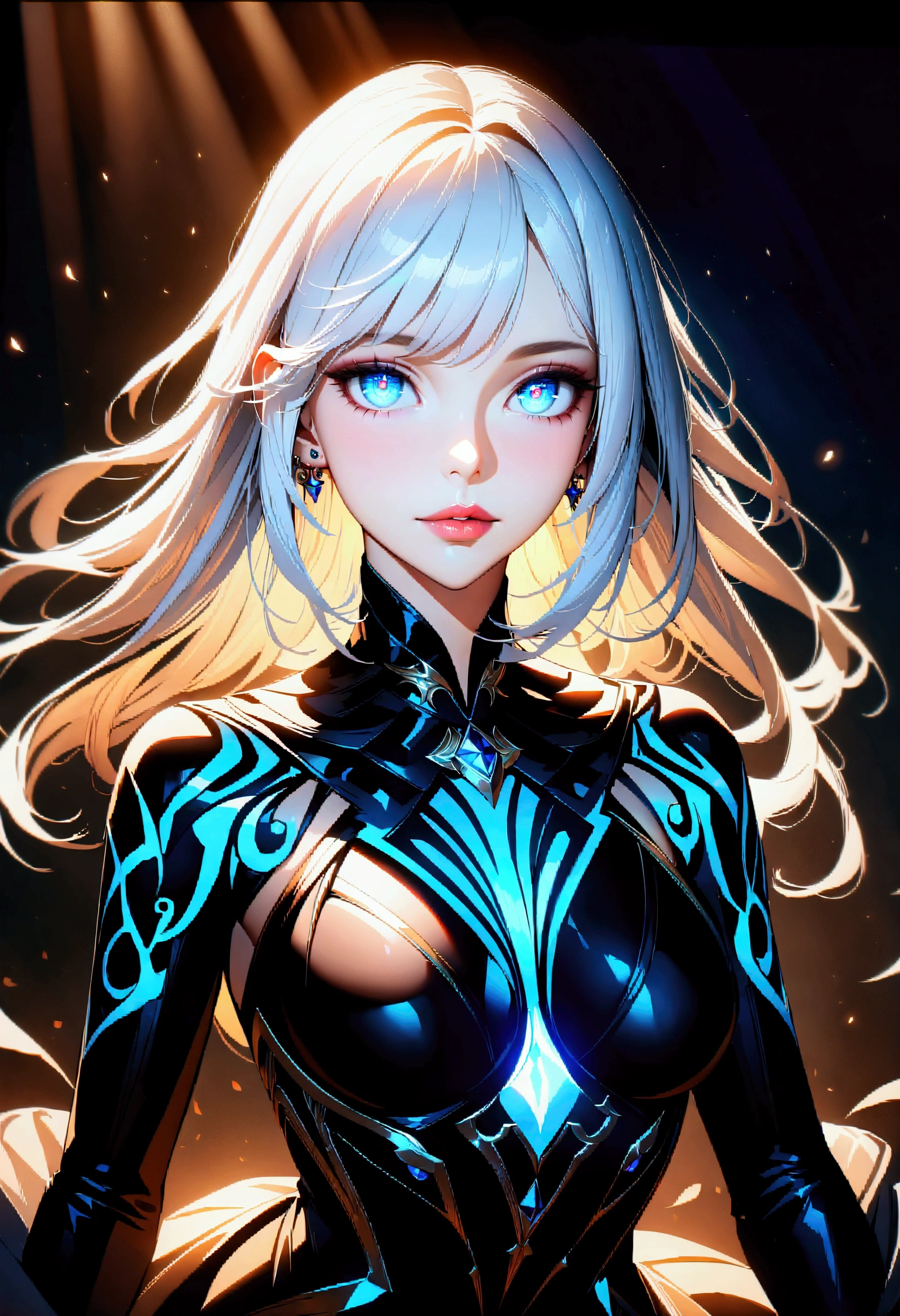 a beautiful girl with short white hair, piercing blue eyes, cinematic lighting, intricate details, glowing skin, 1girl, beautiful detailed eyes, beautiful detailed lips, flawless skin, high quality, 8k, ultra-detailed, HDR, studio lighting, vivid colors, cinematic lighting, fantasy, digital painting