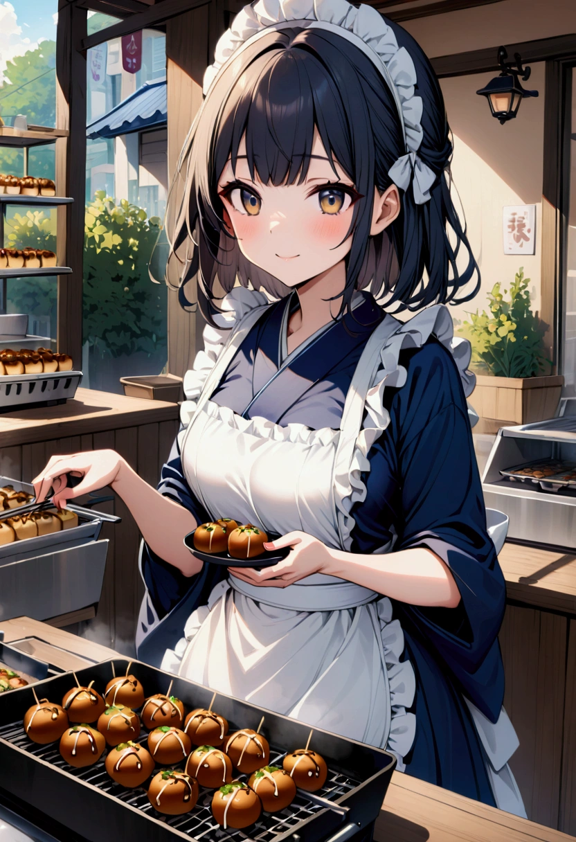 girl grilling takoyaki at takoyaki shop, white kerchief, navy blue kimono and white ruffled apron,