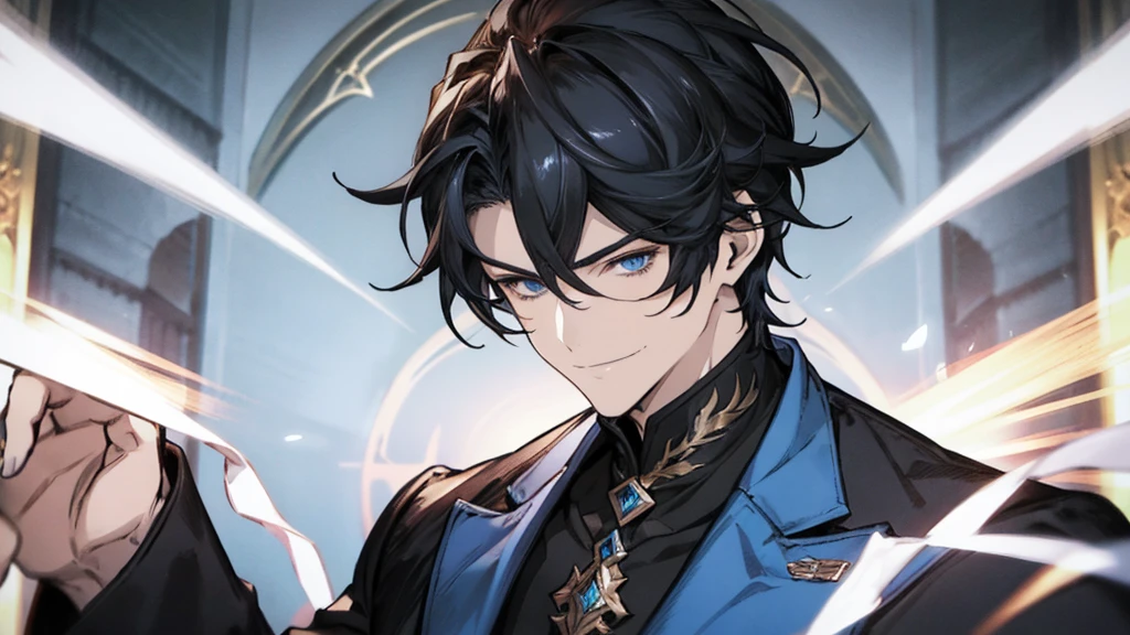 ,Masterpiece,best quality,Very detailed,anime,a handsome man, man,manที่เป็นผู้ใหญ่, A quiet and charming young man, 30 years old, smile, gag, Portrait, Highly detailed face, ((blue eyes)), ((ผมสั้นblack)),manหล่อ,Height 190 cm. ,Short hair Quiff Hairstyle,ผมสั้นblack,blue eyes, alone,stare,smile,stand,back light,blue eyes,muscle,Tall and big,business suit, เสื้อสูทblack(black),เสื้อเชื้ตblack, All Black,Masterpiece,best quality,Very detailed