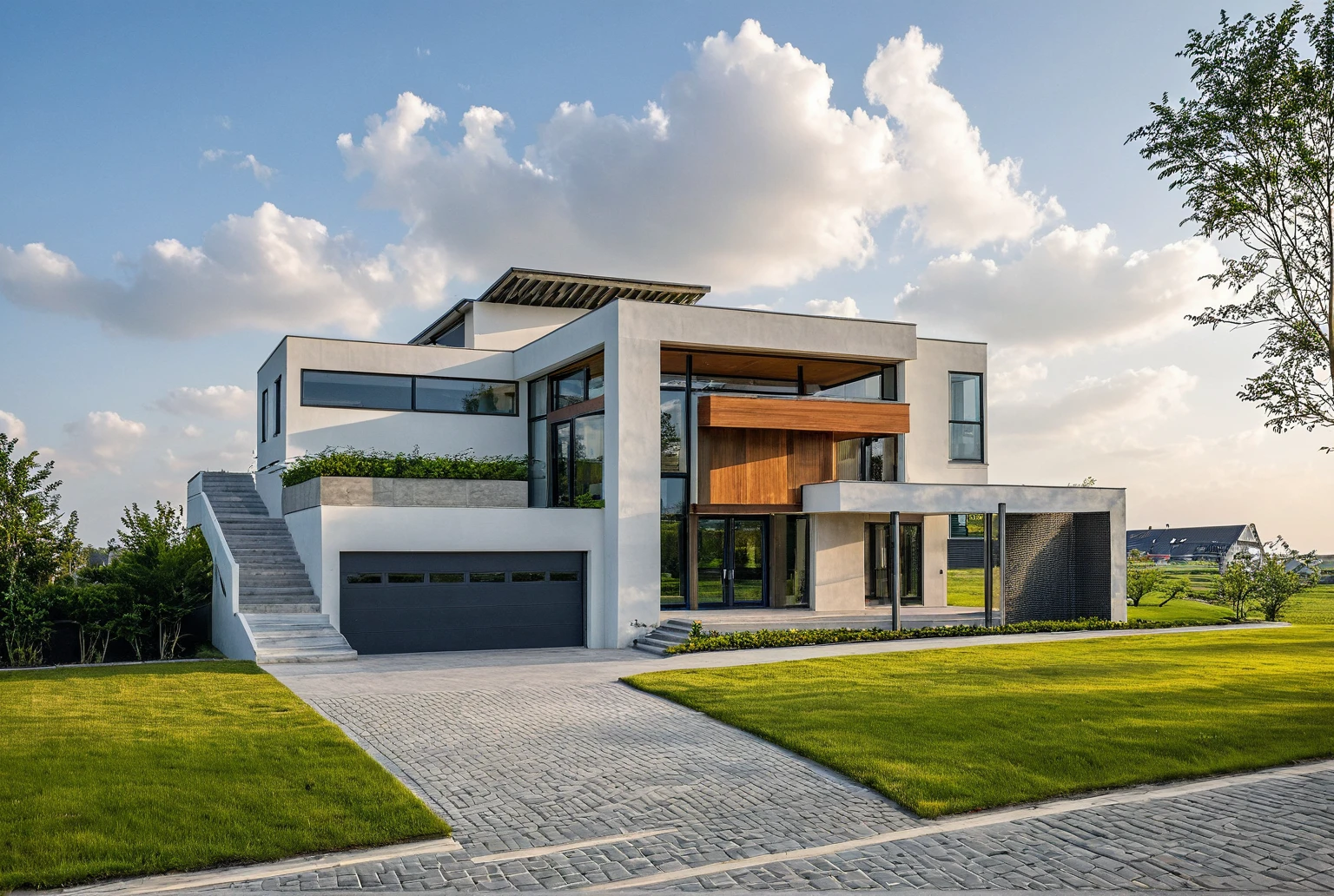 Masterpiece, high quality, best quality, authentic, super detail, outdoors, onestoreyvillaXL, aiaigroup, house style modern on the street ,stairs, white wall ,road,pavement, grass, trees, sky, cloud, (daylight:1.1)
