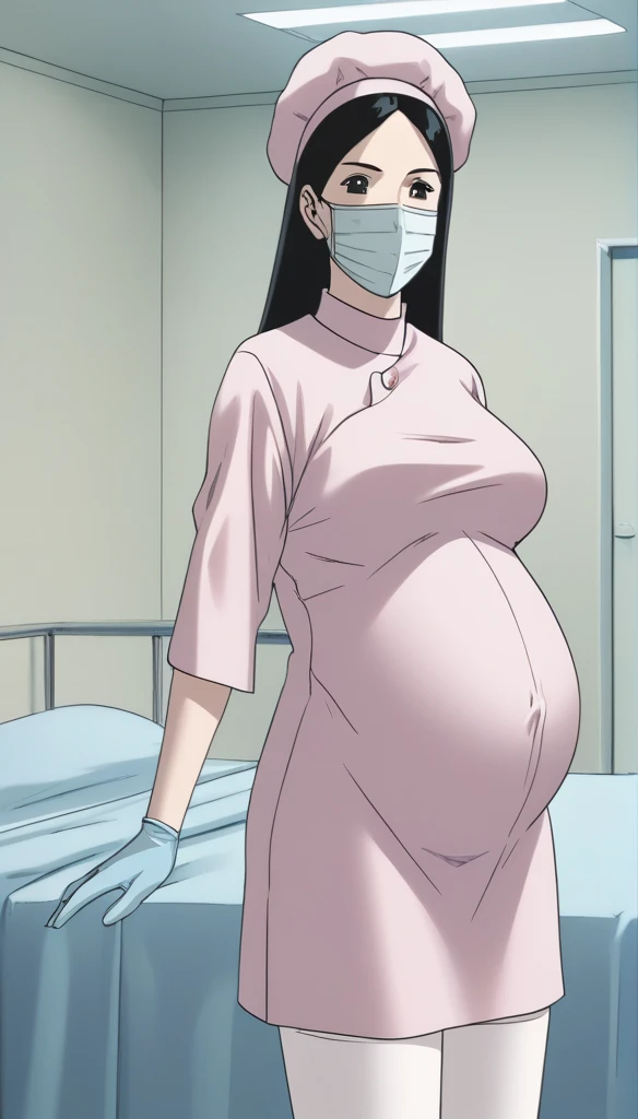 score_9, score_8_up, score_7_up, source_anime, raw image, masterpiece, highest quality, kasuganoray, pale skin, her eyes are happy, long black hair, big breasts, scrubs, surgical mask, bouffant cap, long sleeve maternity dress, put on another long sleeved coat, seamless, navel head, the dress isn't wrinkled, long white stockings,
1girl, pregnant, solo, long rubber gloves, looking down, furrowed brow, hospital bed, light shines from the ceiling, standing, patient room background, She is inquiring about the patient's condition