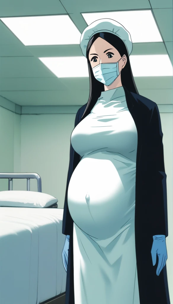 score_9,  score_8_up, score_7_up, source_anime, raw image, masterpiece, highest quality, kasuganoray, pale skin, her eyes are happy, long black hair, big breasts, scrubs, surgical mask, bouffant cap, long sleeve maternity dress, put on another long sleeved coat, seamless, navel head, the dress isn't wrinkled, long white stockings,
1girl, pregnant, solo, long rubber gloves, looking down, furrowed brow, hospital bed, light shines from the ceiling, standing, patient room background, She is inquiring about the patient's condition