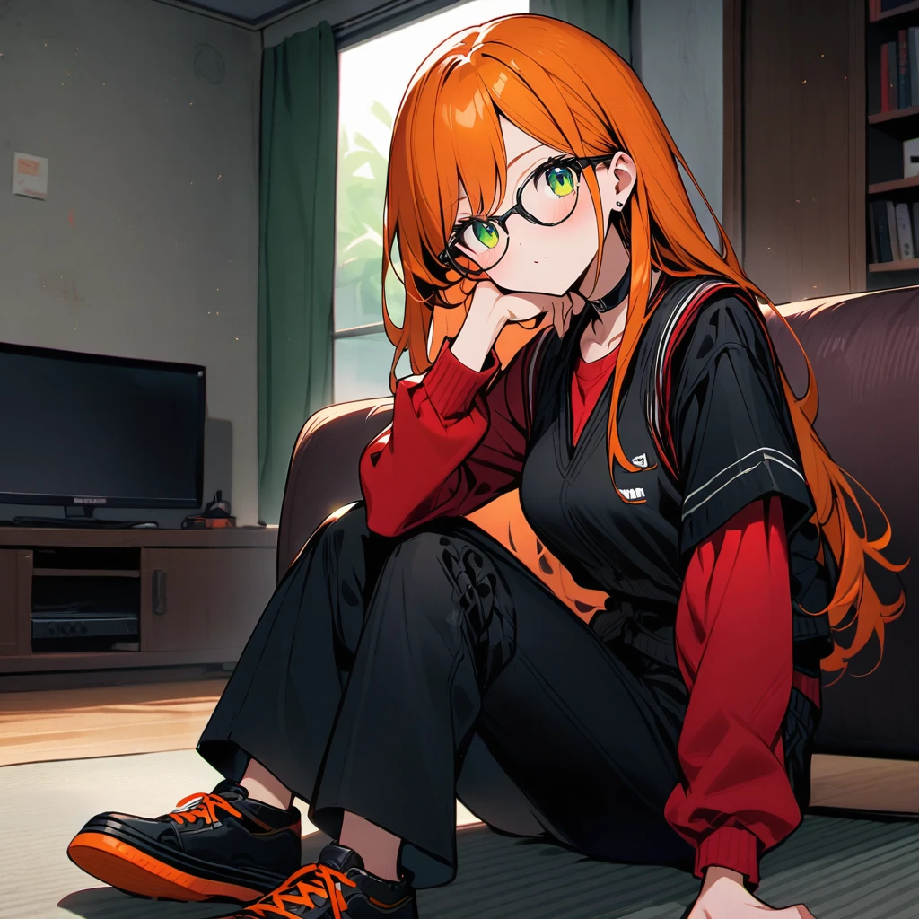 (well done: 1) one woman, long straight orange hair, green eyes, glasses, black choker, black vest, red long-sleeved shirt under the vest, black pants, black sneakers.  sitting in a living room.