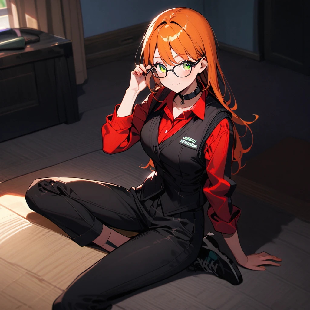 (well done: 1) one woman, long straight orange hair, green eyes, glasses, black choker, black vest, red long-sleeved shirt under the vest, black pants, black sneakers.  sitting in a living room.