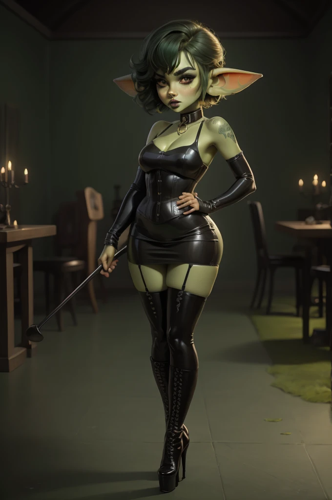 Goblin girl. green skin. very short hairstyle. choker. black pouty lips. big breats , hourglass figure, goth, eyeshadow, eyeliner, thigh high boots, high heels, riding crop, miniskirt, police hat