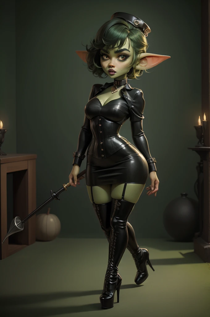 Goblin girl. green skin. very short hairstyle. choker. black pouty lips. big breats , hourglass figure, goth, eyeshadow, eyeliner, thigh high boots, high heels, riding crop, miniskirt, police hat