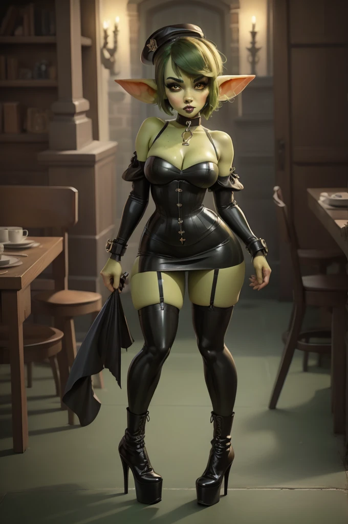 Goblin girl. green skin. very short hairstyle. choker. black pouty lips. big breats , hourglass figure, goth, eyeshadow, eyeliner, thigh high boots, high heels, riding crop, miniskirt, police hat