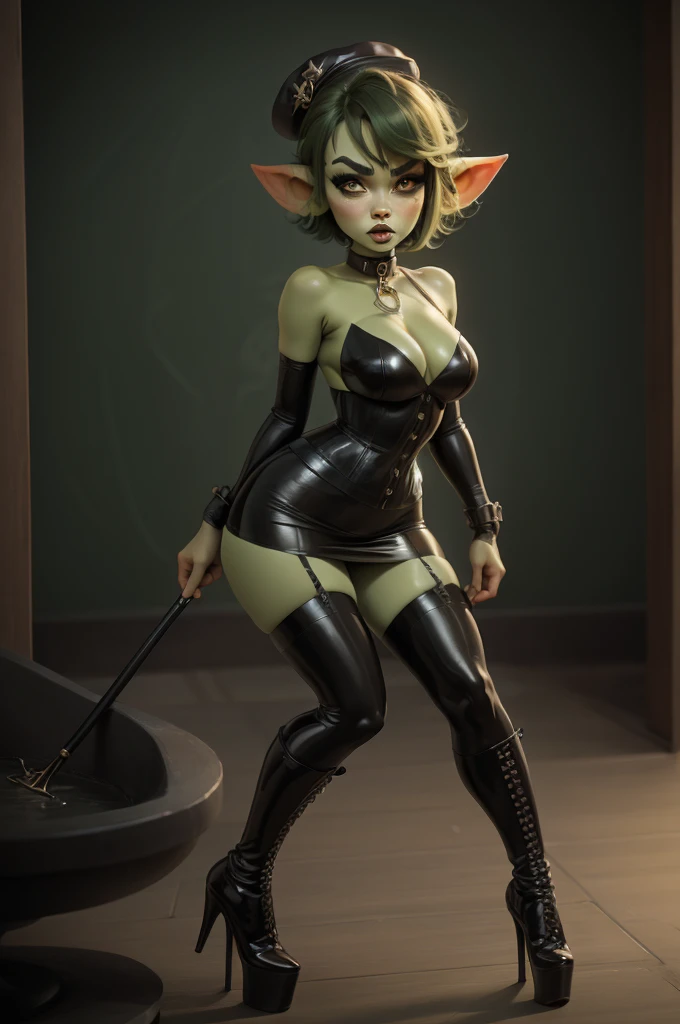 Goblin girl. green skin. very short hairstyle. choker. black pouty lips. big breats , hourglass figure, goth, eyeshadow, eyeliner, thigh high boots, high heels, riding crop, miniskirt, police hat