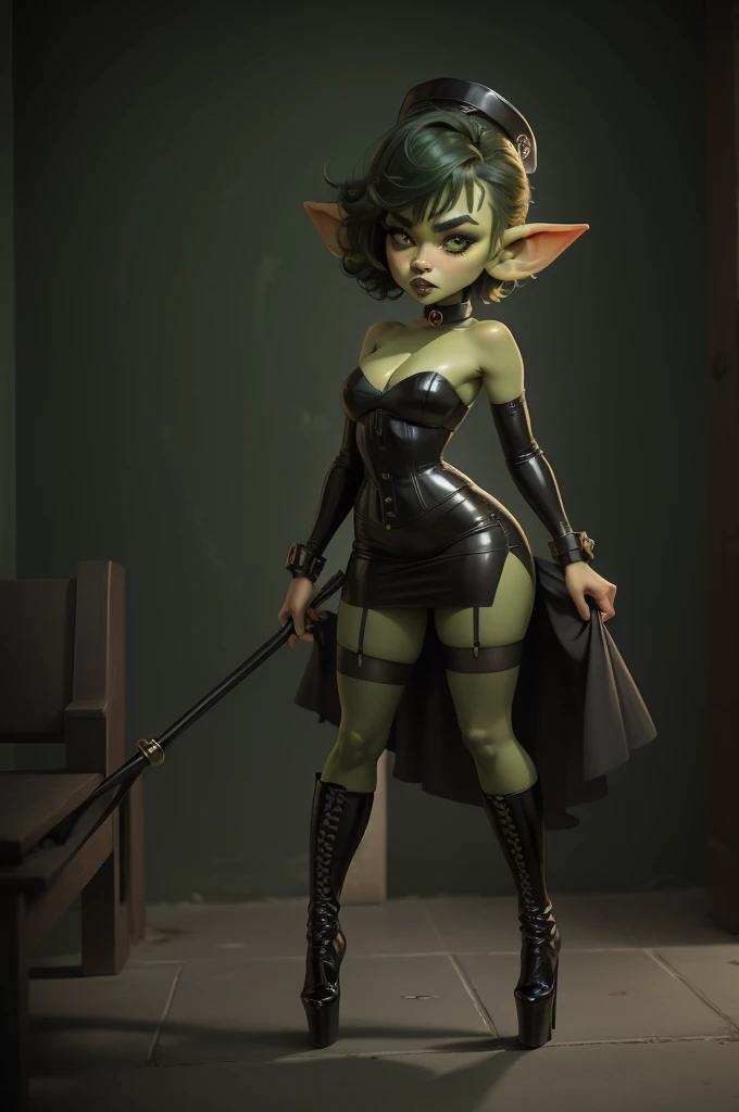 Goblin girl. green skin. very short hairstyle. choker. black pouty lips. big breats , hourglass figure, goth, eyeshadow, eyeliner, thigh high boots, high heels, riding crop, miniskirt, police hat