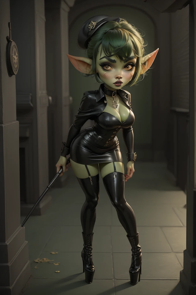 Goblin girl. green skin. very short hairstyle. choker. black pouty lips. big breats , hourglass figure, goth, eyeshadow, eyeliner, thigh high boots, high heels, riding crop, miniskirt, police hat