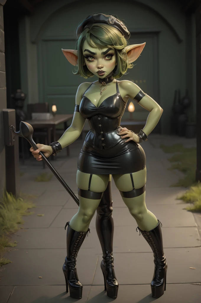 Goblin girl. green skin. very short hairstyle. choker. black pouty lips. big breats , hourglass figure, goth, eyeshadow, eyeliner, thigh high boots, high heels, riding crop, miniskirt, police hat