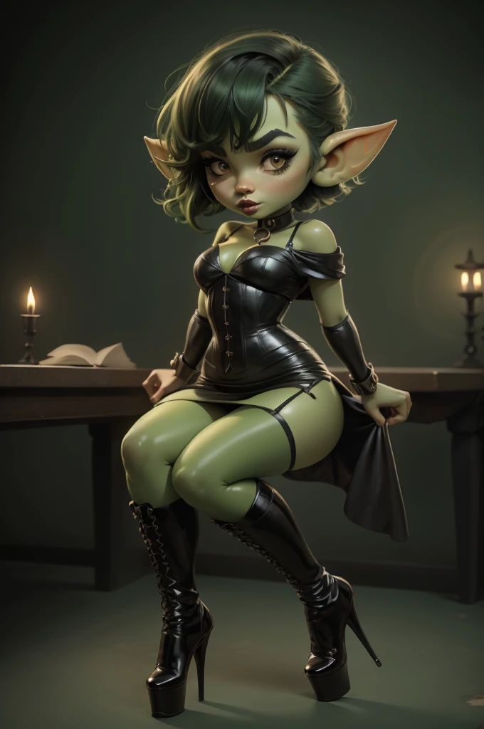 Goblin girl. green skin. very short hairstyle. choker. black pouty lips. big breats , hourglass figure, goth, eyeshadow, eyeliner, thigh high boots, high heels, riding crop, miniskirt, police hat