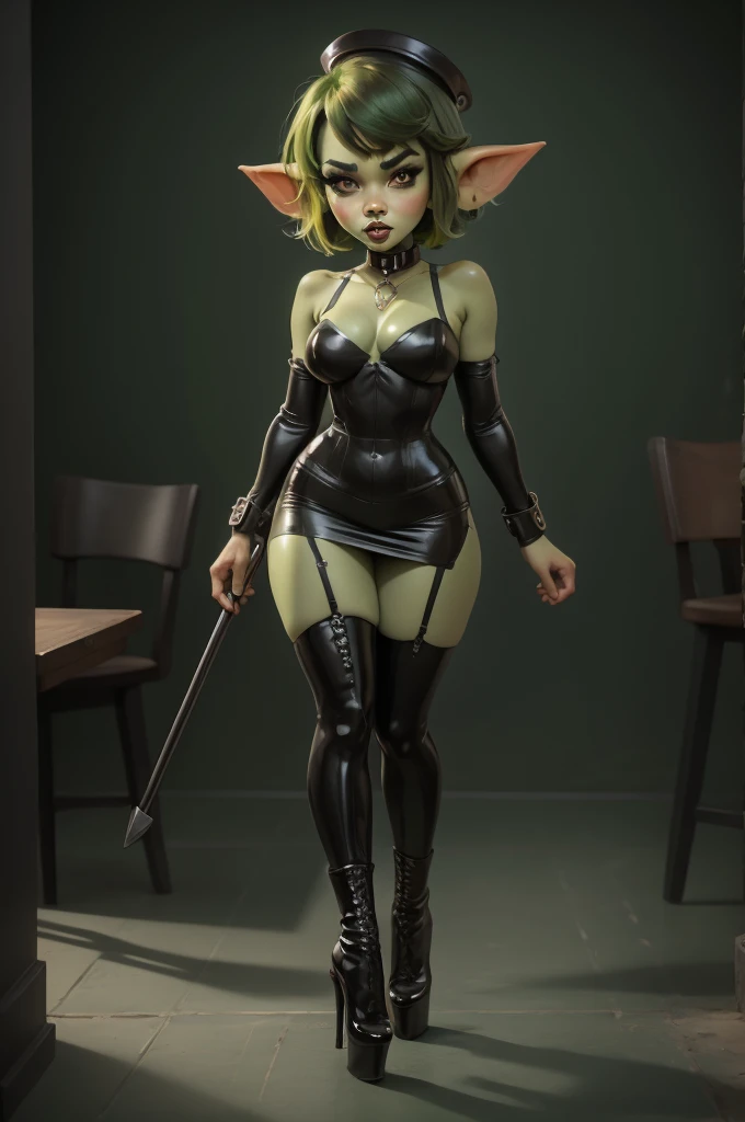 Goblin girl. green skin. very short hairstyle. choker. black pouty lips. big breats , hourglass figure, goth, eyeshadow, eyeliner, thigh high boots, high heels, riding crop, miniskirt, police hat