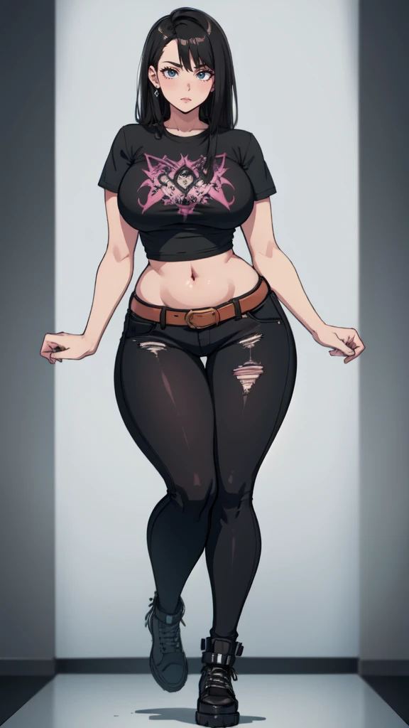 blank background, (((full body))), (masterpiece), ((best quality)), ((tall girl)), straight hair (curvy:1.5), (punk girl), shoes, belt below navel, black hair, wide hips, (black jeans), (short sleeves), arm tattoo