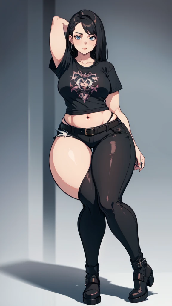 blank background, (((full body))), (masterpiece), ((best quality)), ((tall girl)), straight hair (curvy:1.5), (punk girl), shoes, belt below navel, black hair, wide hips, (black jeans), (short sleeves), arm tattoo