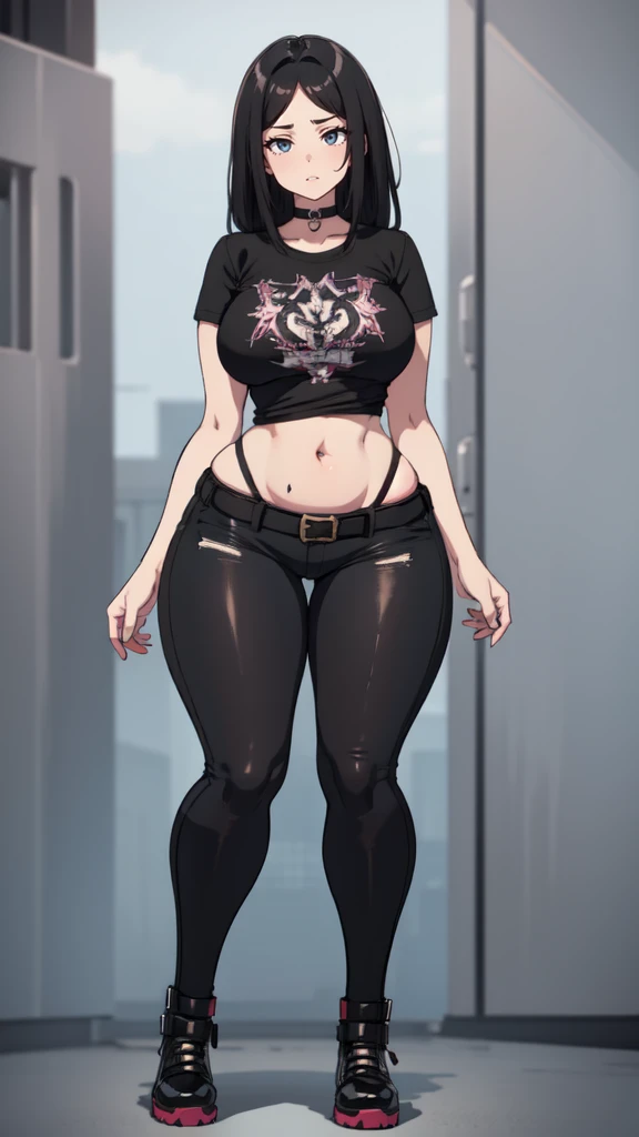 blank background, (((full body))), (masterpiece), ((best quality)), ((tall girl)), straight hair (curvy:1.6), (punk girl), shoes, belt below navel, black hair, wide hips, (black jeans), (short sleeves), arm tattoo