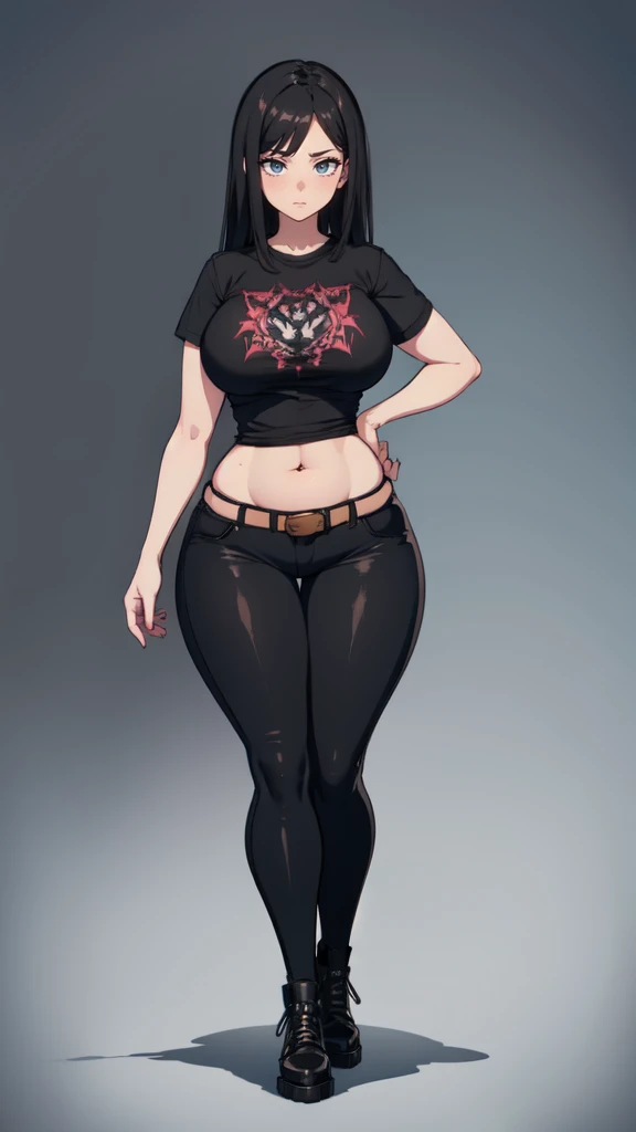 blank background, (((full body))), (masterpiece), ((best quality)), ((tall girl)), straight hair (curvy:1.5), (punk girl), shoes, belt below navel, black hair, wide hips, (black jeans), (short sleeves), arm tattoo