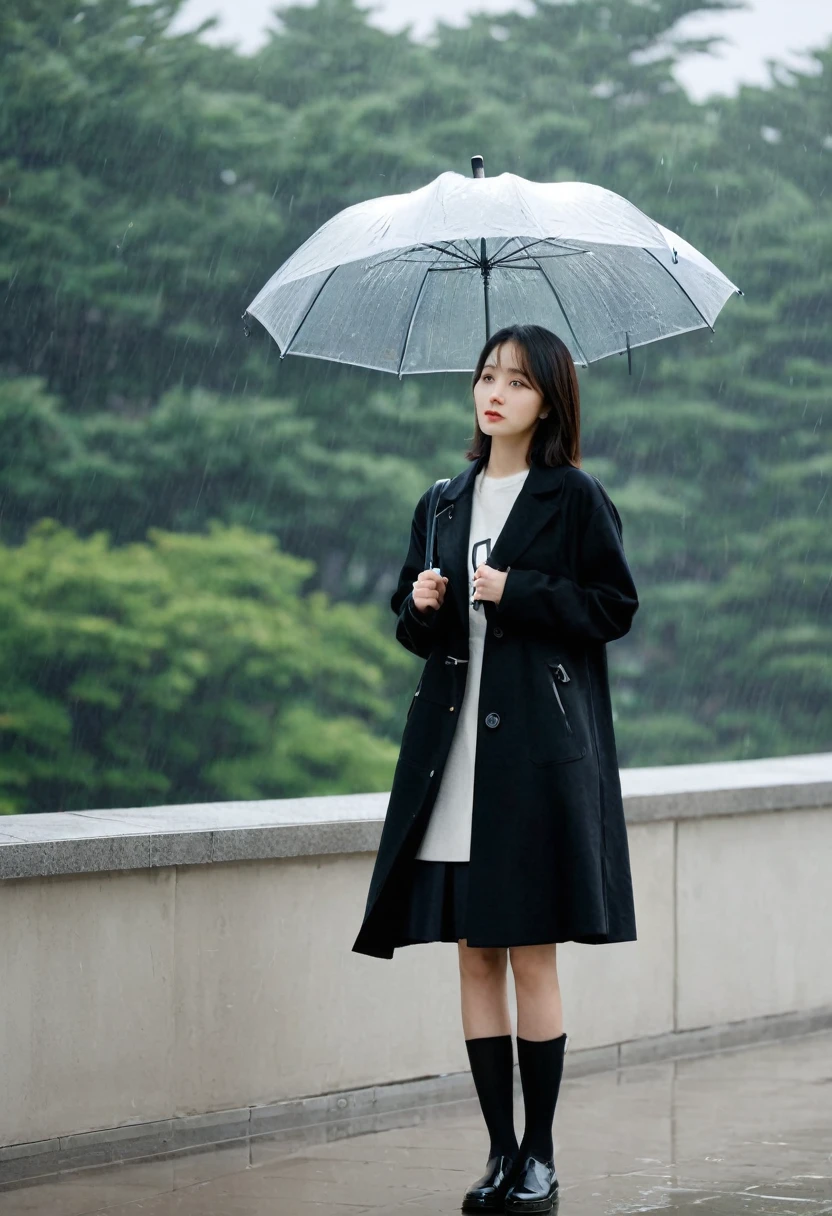 rain, smother, umbrella, park, short korean girl, looking at the view, full body shot, black coat