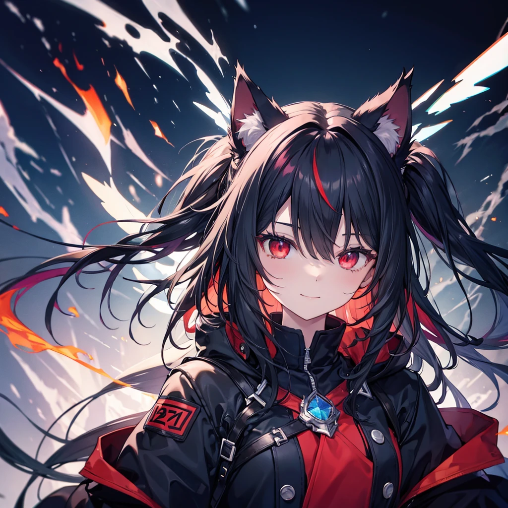 (((Fantasy　Black Hair　Dye the inside of your hair red　Long Hair　Dull red eyes　Cat ear　Beastman　pad)))　((I have a crystal　uniform　Put on a coat without putting your arms through it　Wings many times larger than mine　Center close-up))　((smile　gloves))　(Light　star)　Catch the wind　Shining Background　Lightの粒子, rainbow colored edges